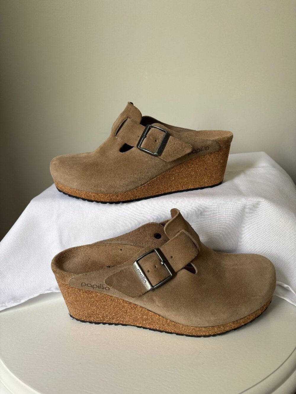 Birkenstock Papillo Fanny Wedge Suede Women's Clog EU 39 US 8-8.5 in Taupe